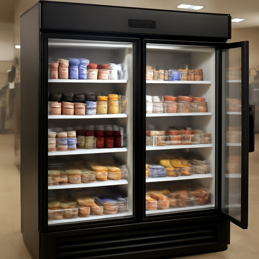 Refrigerated case with doors ajar, shelves stocked with food and drinks, digital display blank or out of focus.