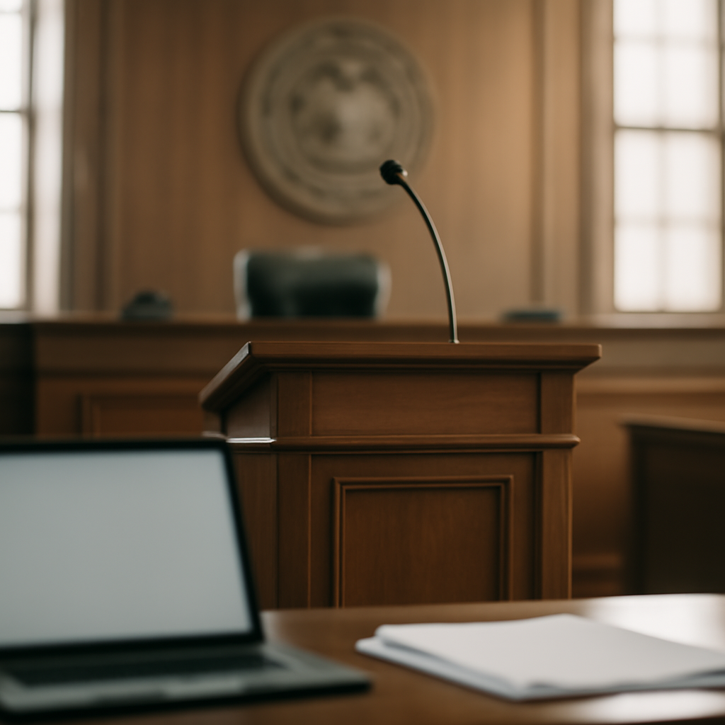 Government office setting with podium, blurred seal, and laptop, conveying official business.
