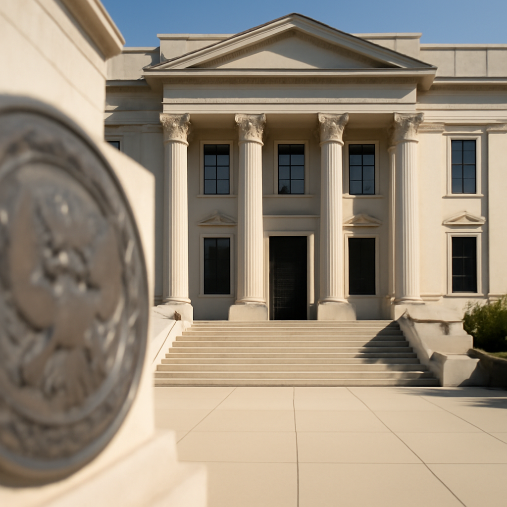 Government building exterior with blurred seal in foreground and neutral pathway leading to entrance.