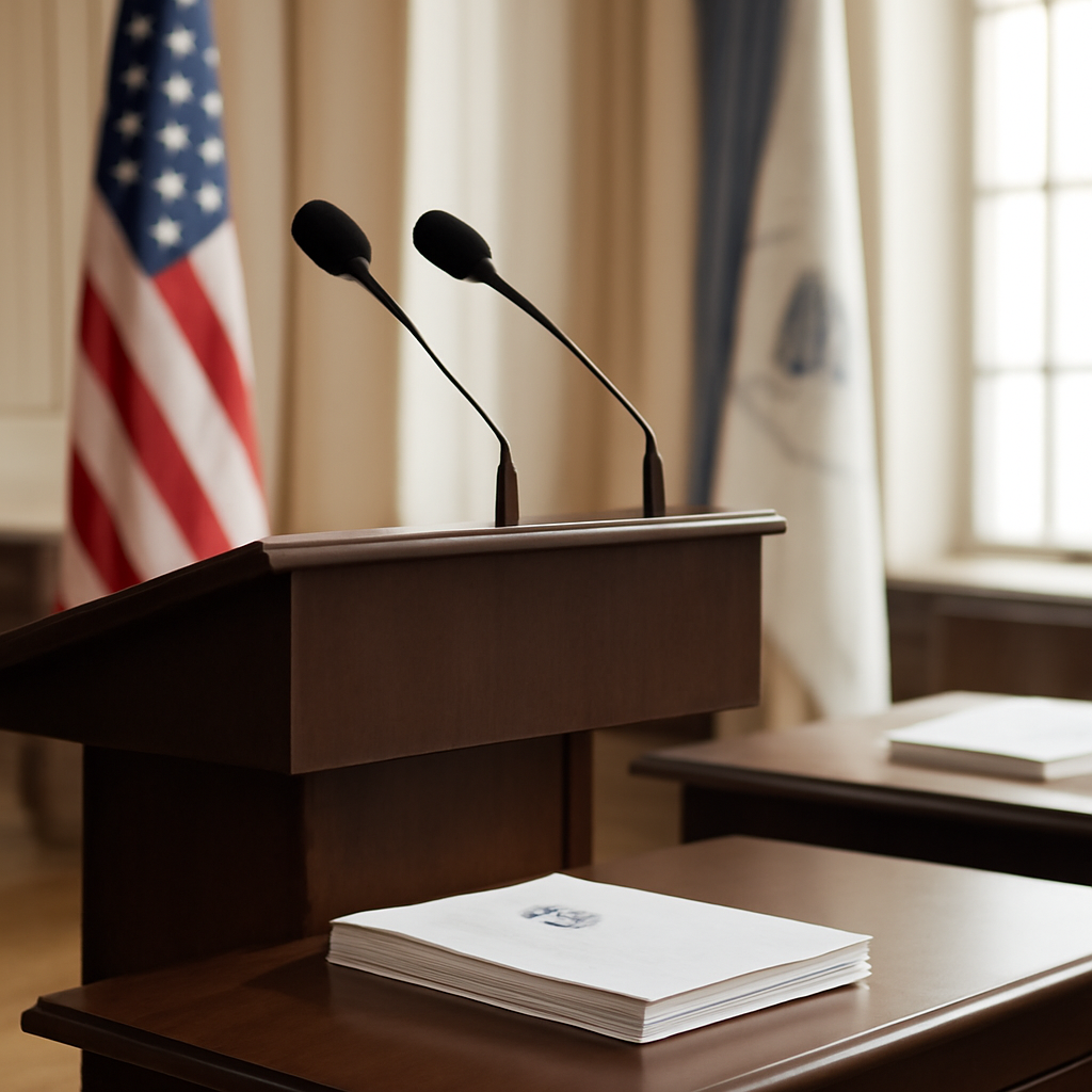 Formal government setting with podium, documents, and tall windows, conveying official business.