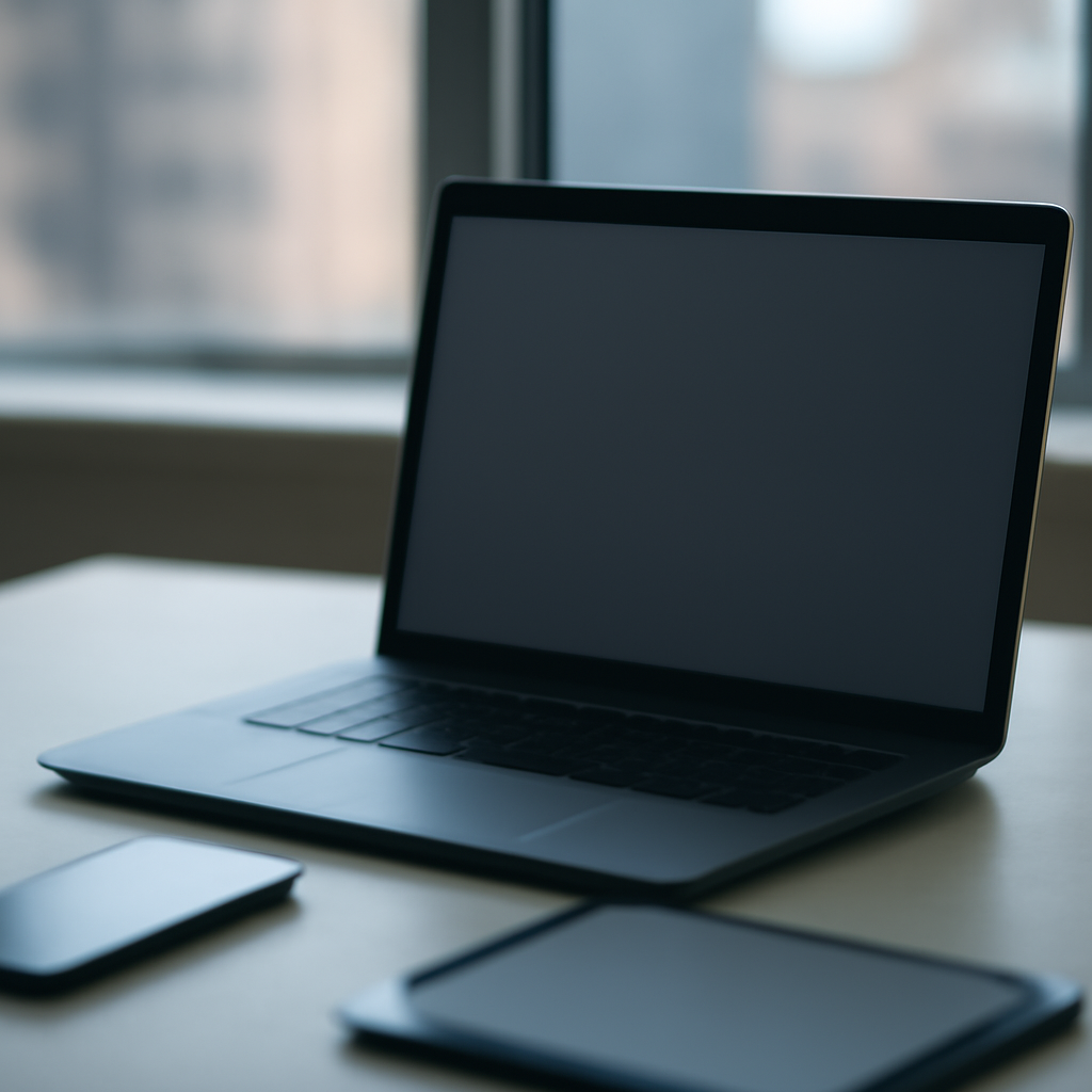 Laptop open on a plain surface with a blank screen showing soft glow.