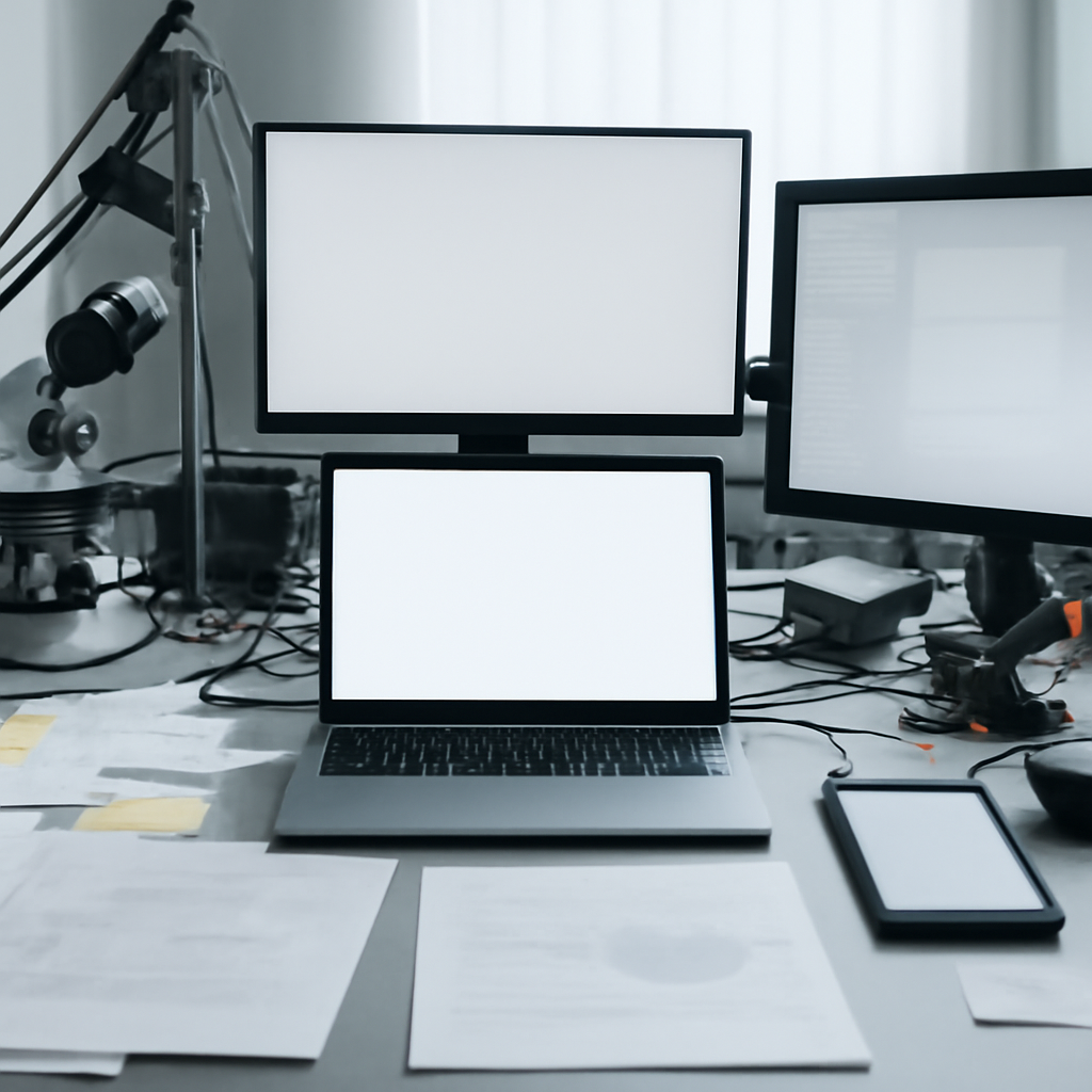 Cybercrime investigator's lab workbench with laptop, notes, and equipment.