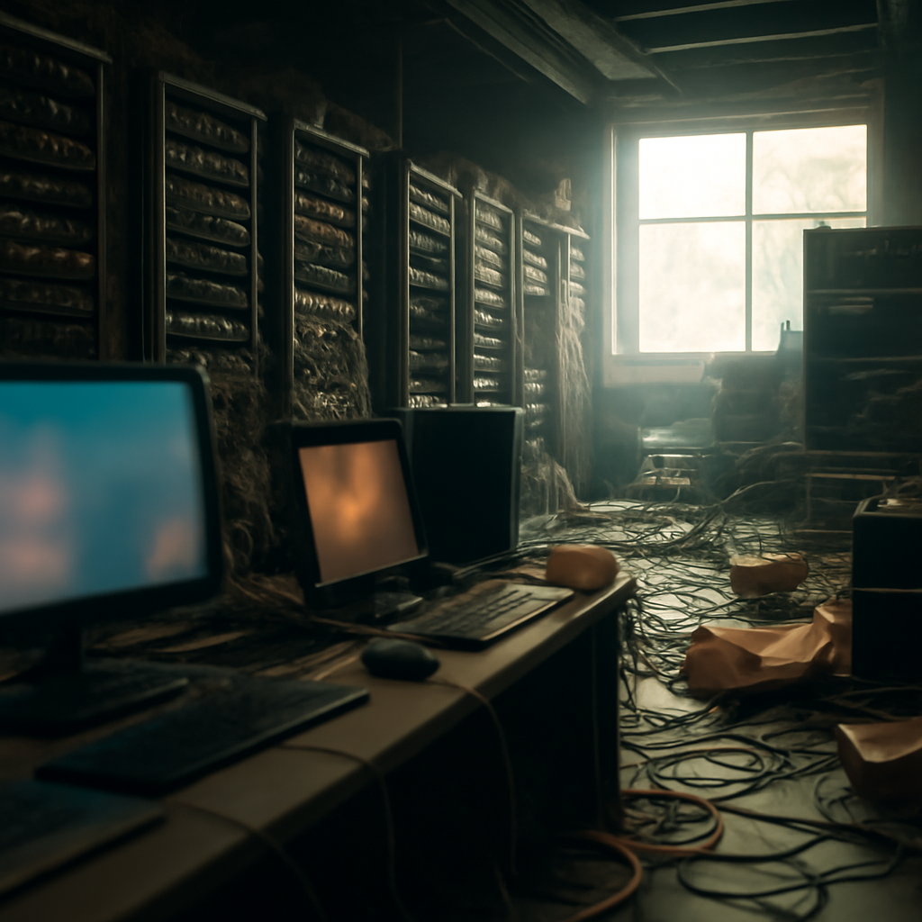 Cluttered server room with rows of computer equipment and monitors, lit by natural daylight through a window.