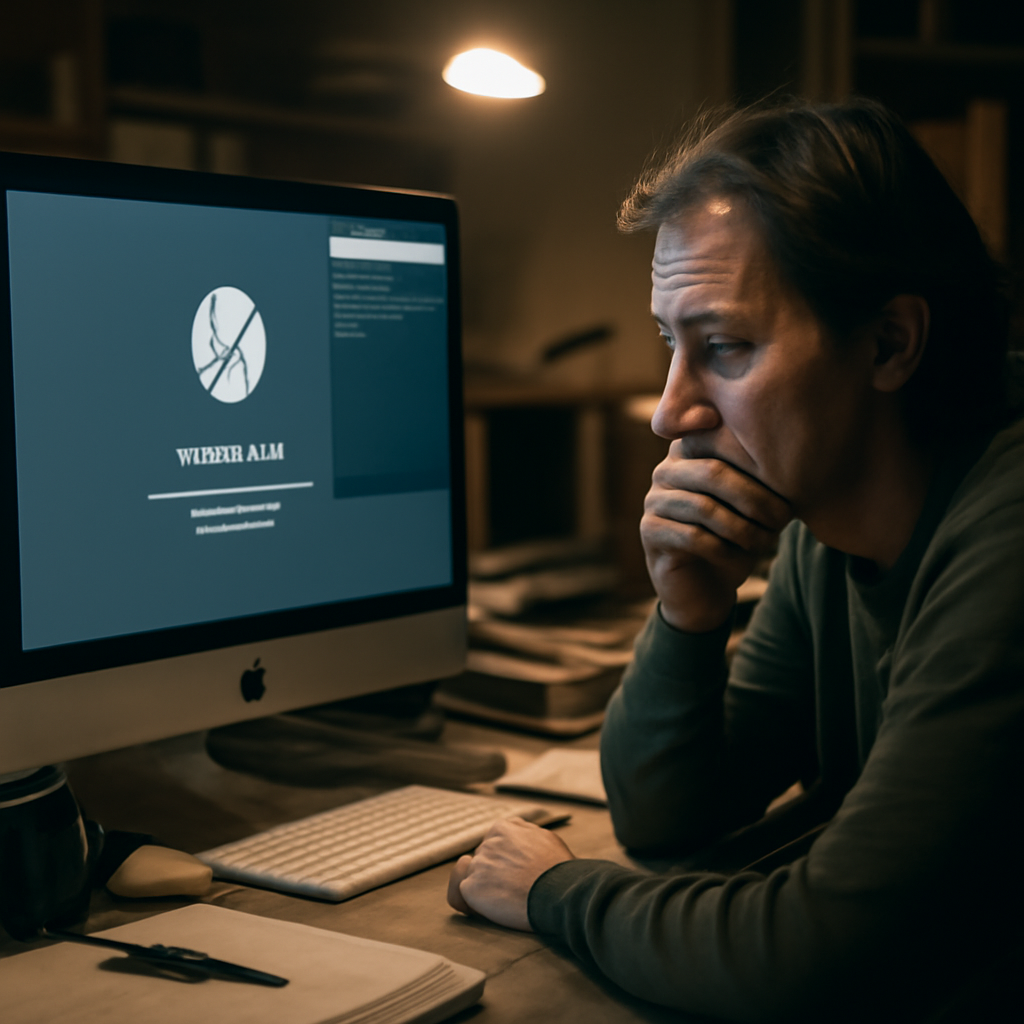 Person looks concerned at fake macOS update on Mac computer screen in cluttered home office.