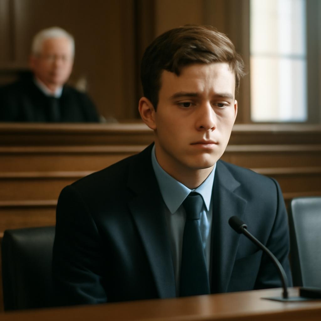 Young man in courtroom with somber expression, laptop blurred in background.