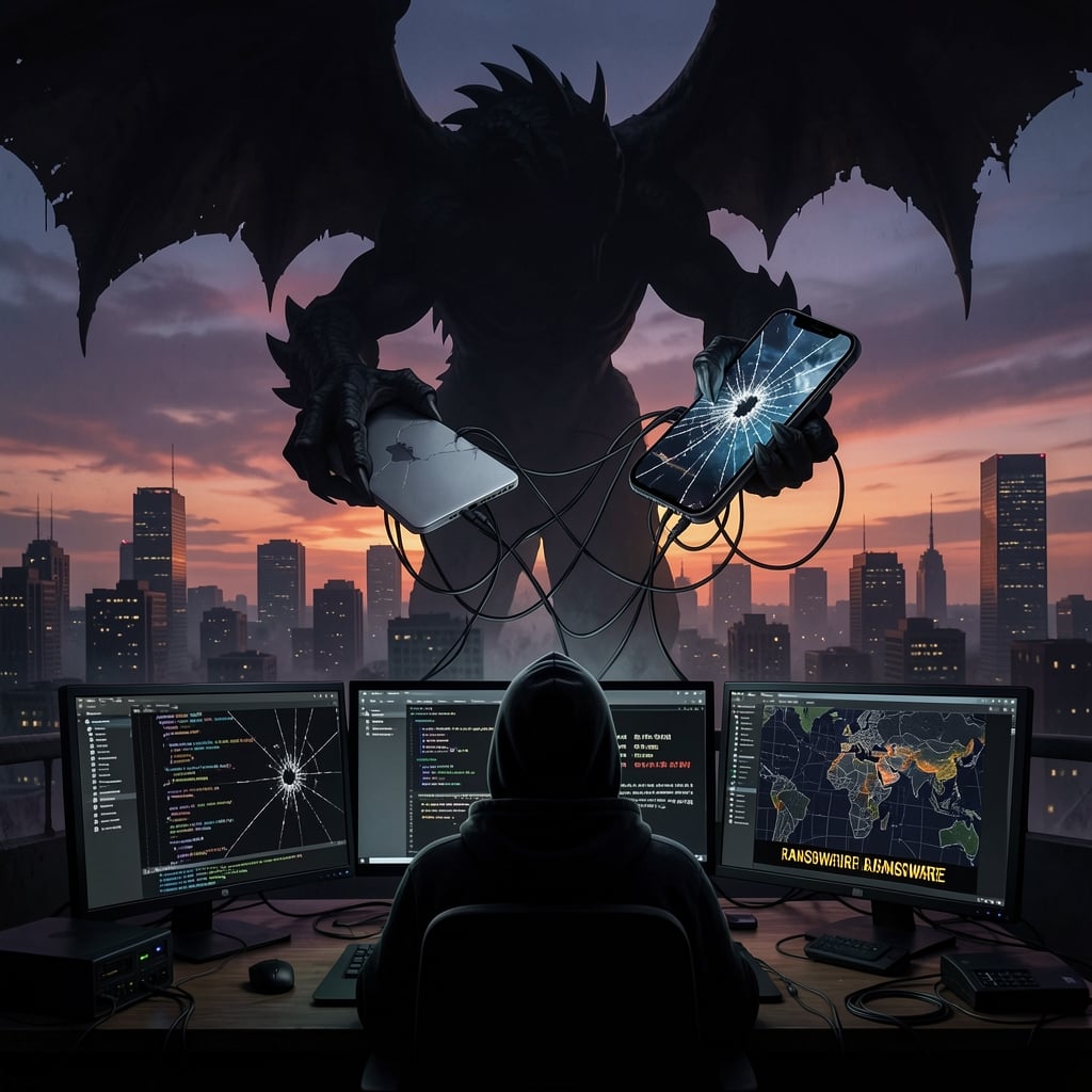 Dark cityscape with massive dragon looming over devices, shadowy figure in hoodie surrounded by tech chaos.