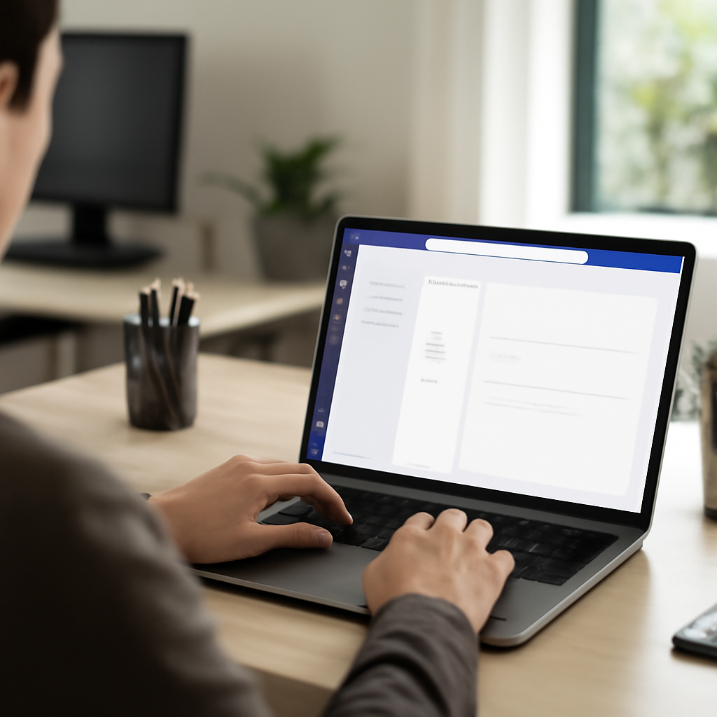 Person working on laptop with Microsoft Teams open in a brightly-lit office setting.