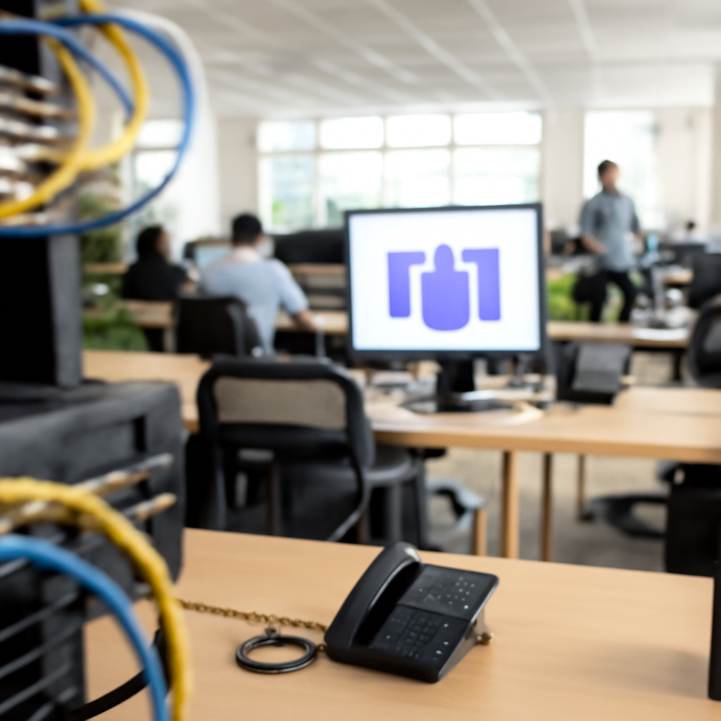 Office workers at desks with laptops and phones, Microsoft Teams logo visible in background.