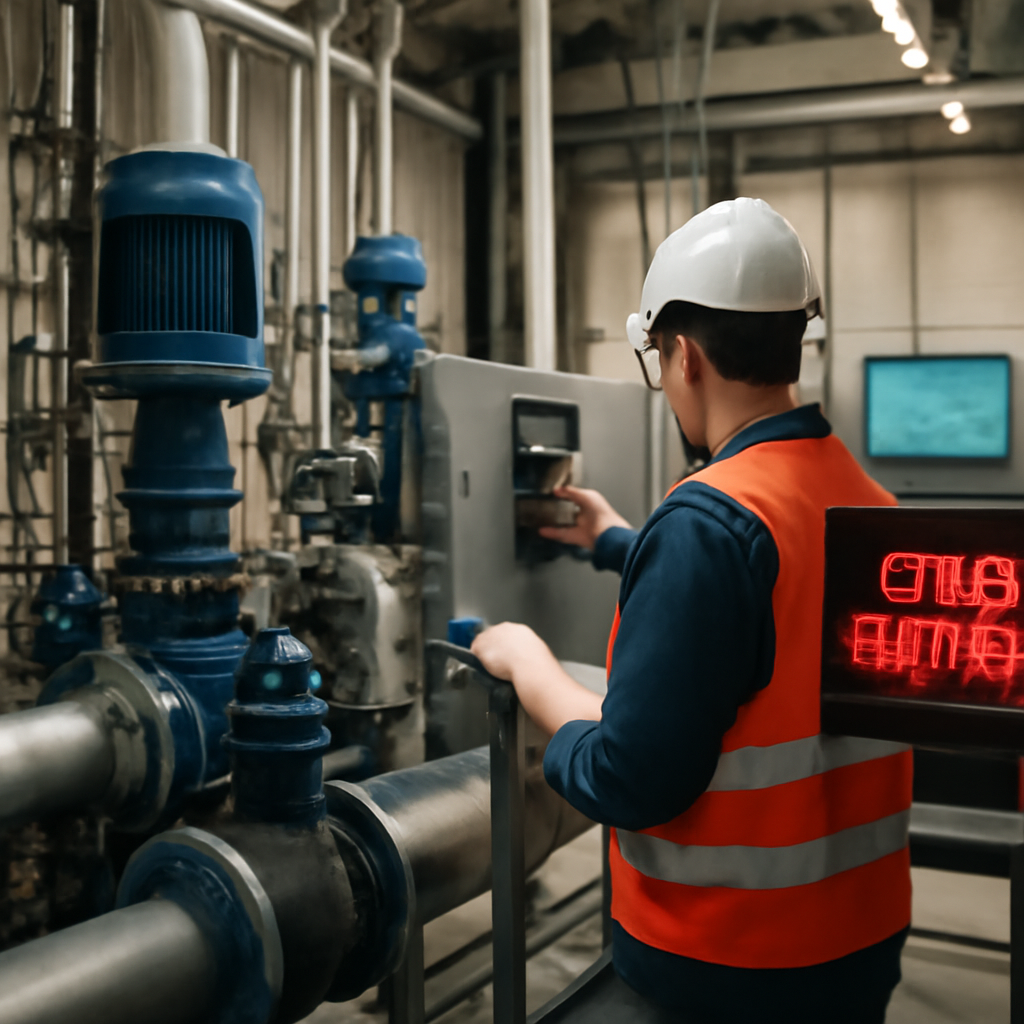 Industrial control systems and pipes at a municipal water utility under ordinary lighting, with subtle hints of a potential…