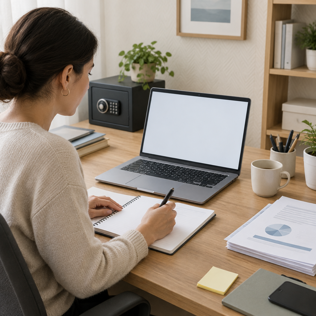 Person working at desk with laptop and papers in a neutral home office setting.