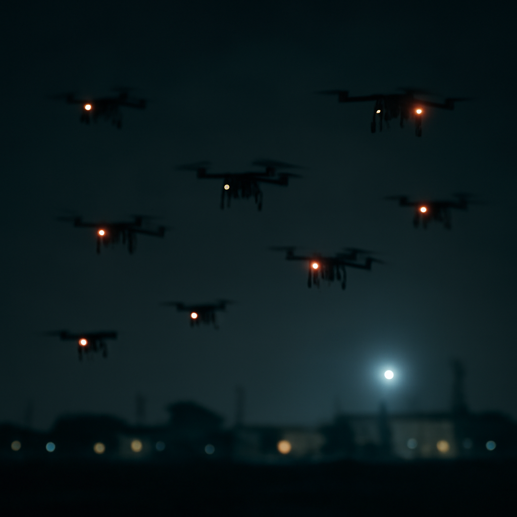 Small drones fly in scattered formation at night, their lights glowing softly against a dark, out-of-focus cityscape…