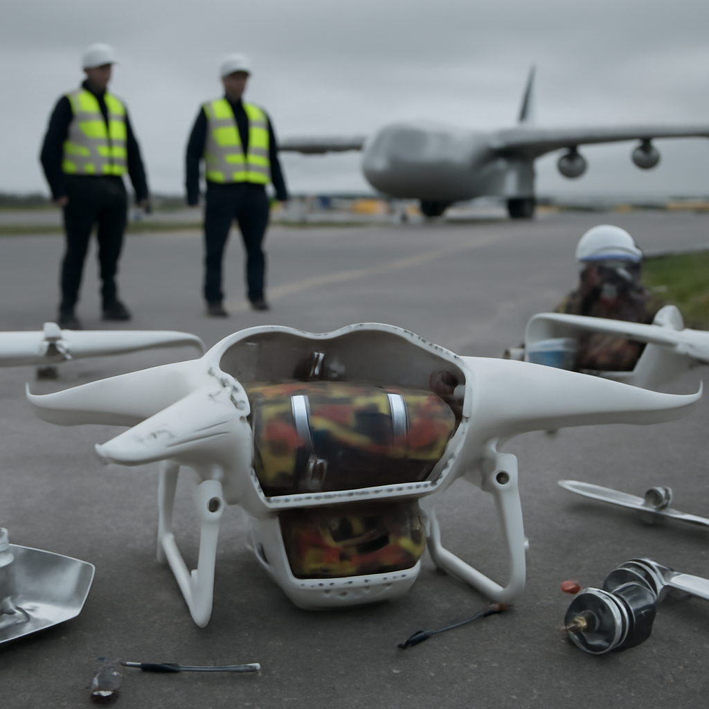 Drone parts scattered on industrial surface near cargo plane at airport.