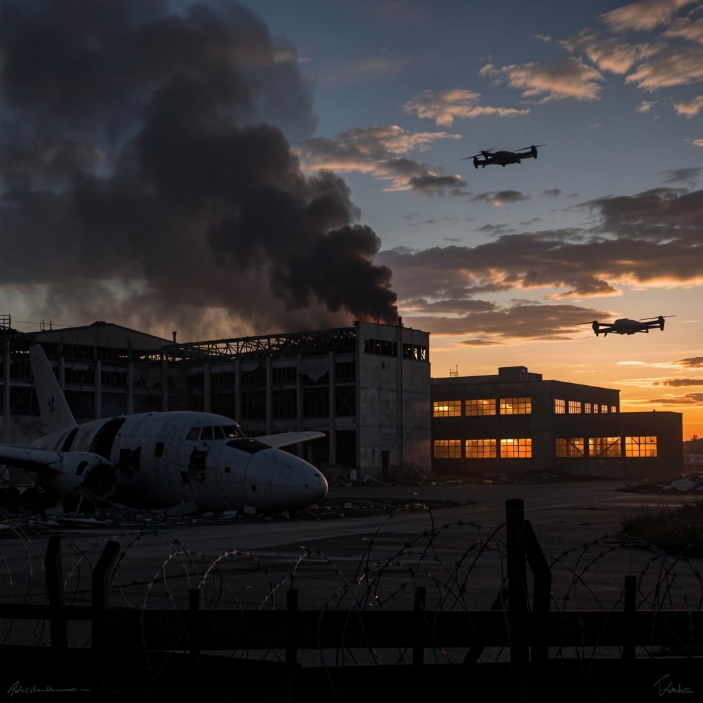 Damaged aircraft factory at dusk with smoke rising, destroyed fuselage, and drone silhouette flying away.