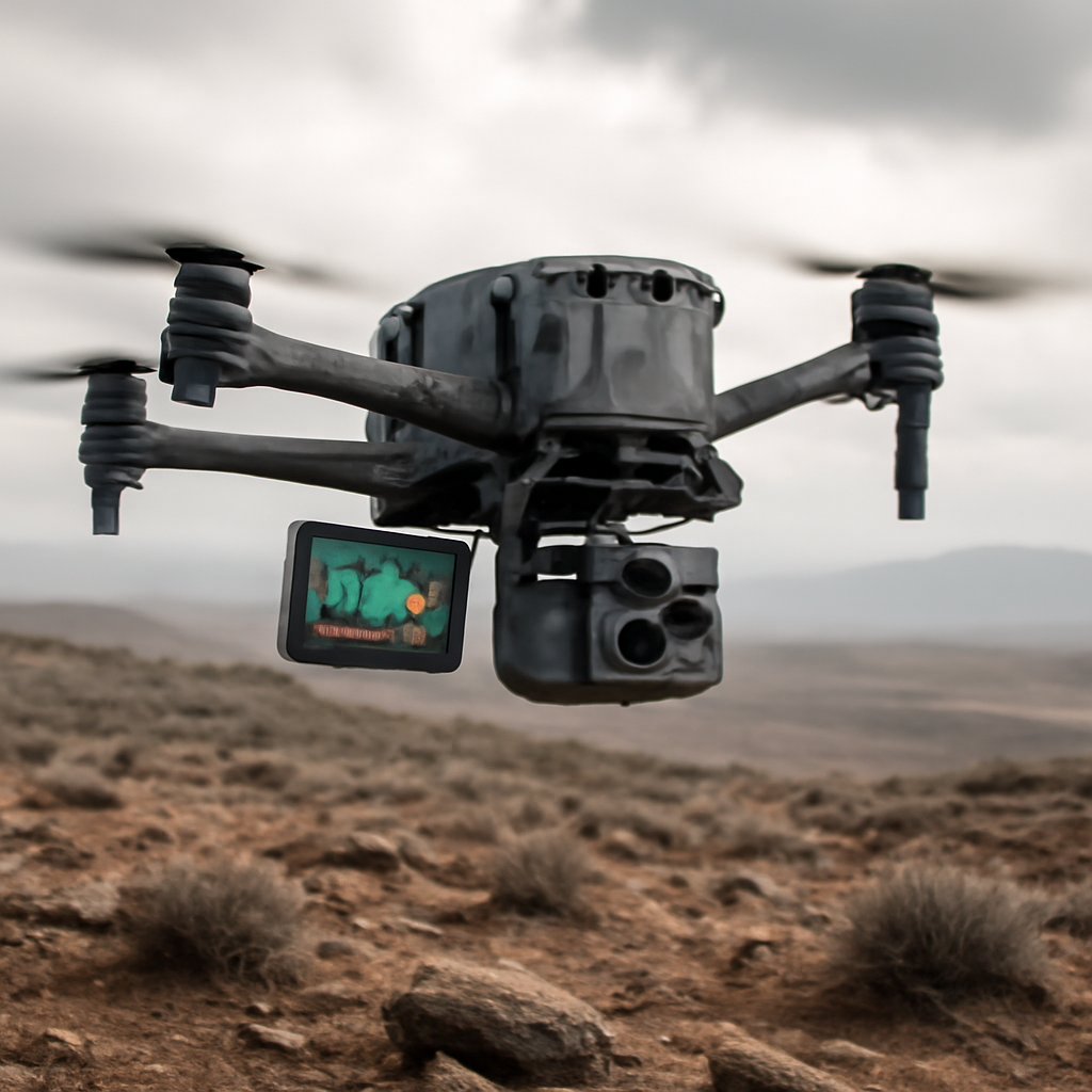 Drone hovers over rocky terrain, capturing 3D mapping data with sensors and cameras.