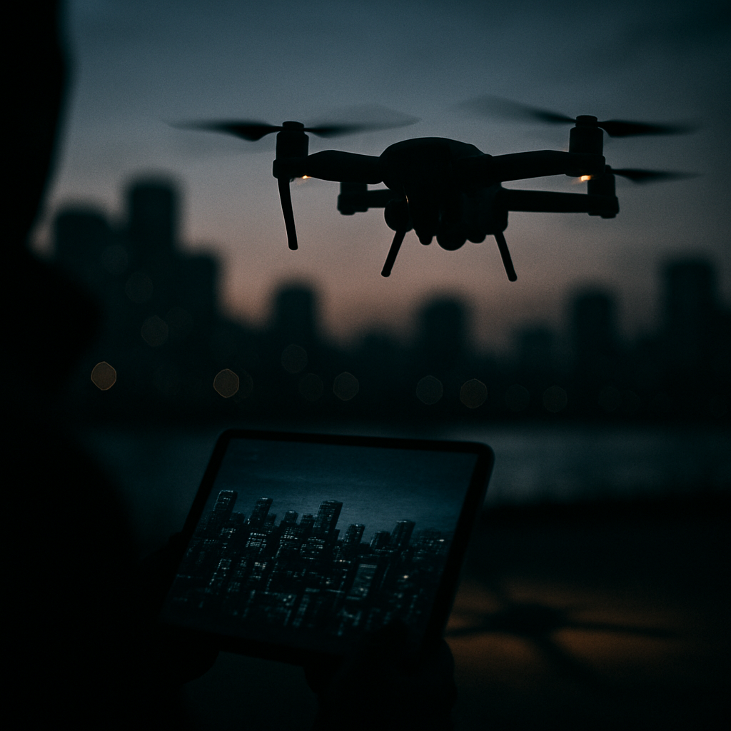 Drone in flight against cityscape with futuristic display screen in foreground.