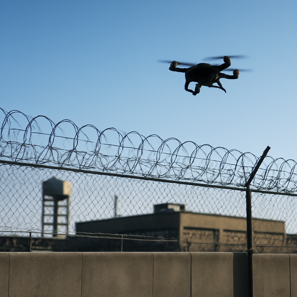 Drone hovers near secure facility's perimeter fence and wall under clear blue sky.