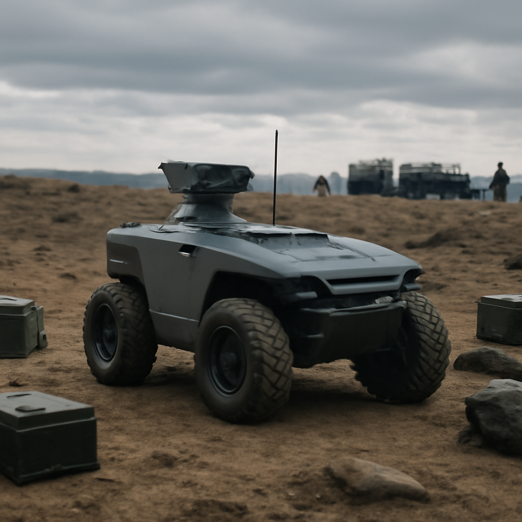 Military drone on barren terrain with supplies, vehicles, and soldiers in background.