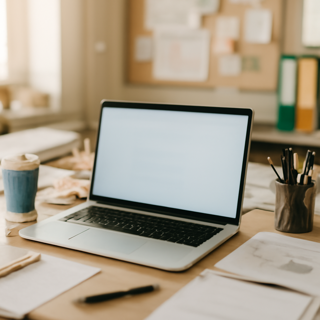 Laptop on cluttered desk with blurred screen in home office setting.