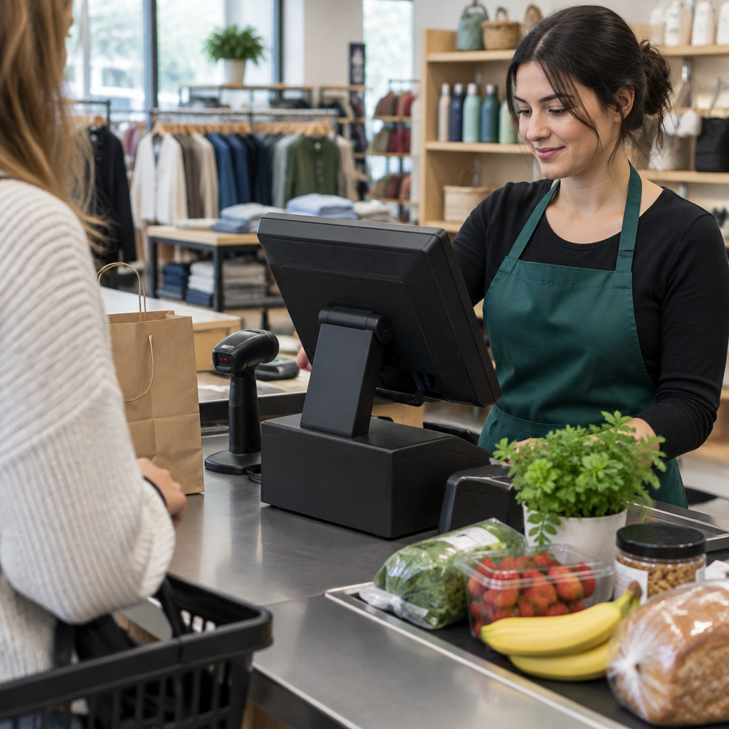 Retail checkout counter with terminal, cashier, and everyday shopping items.
