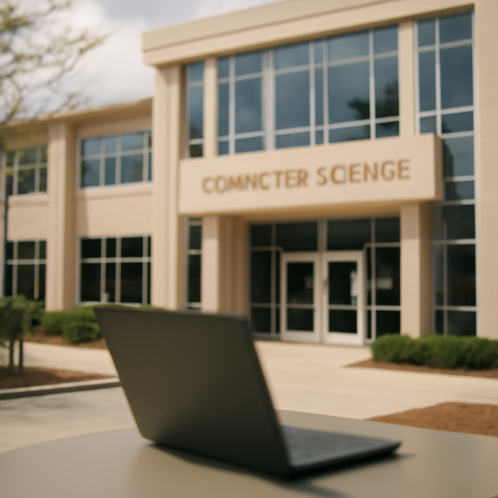 Modern computer science building on a bright campus with abstract foreground elements.