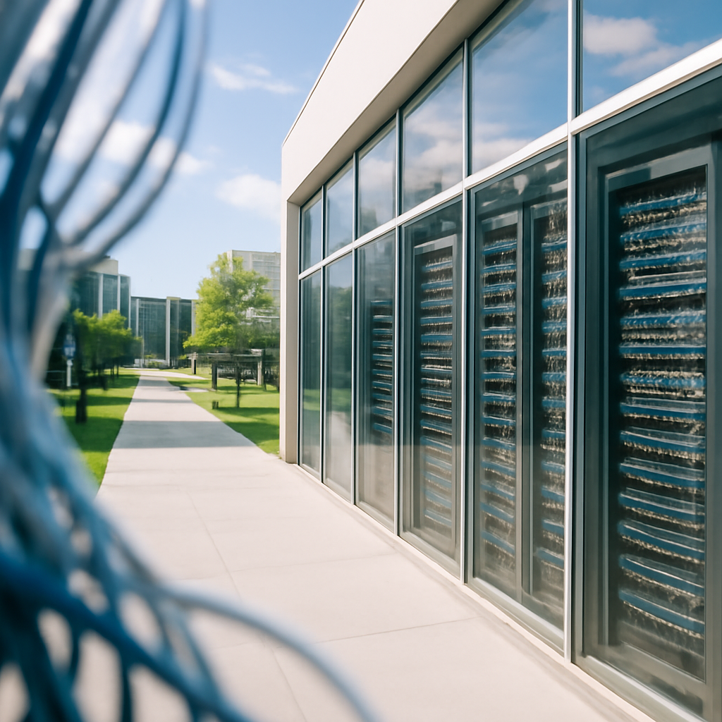 Rows of computer servers and networking equipment in a server room or network operations center.