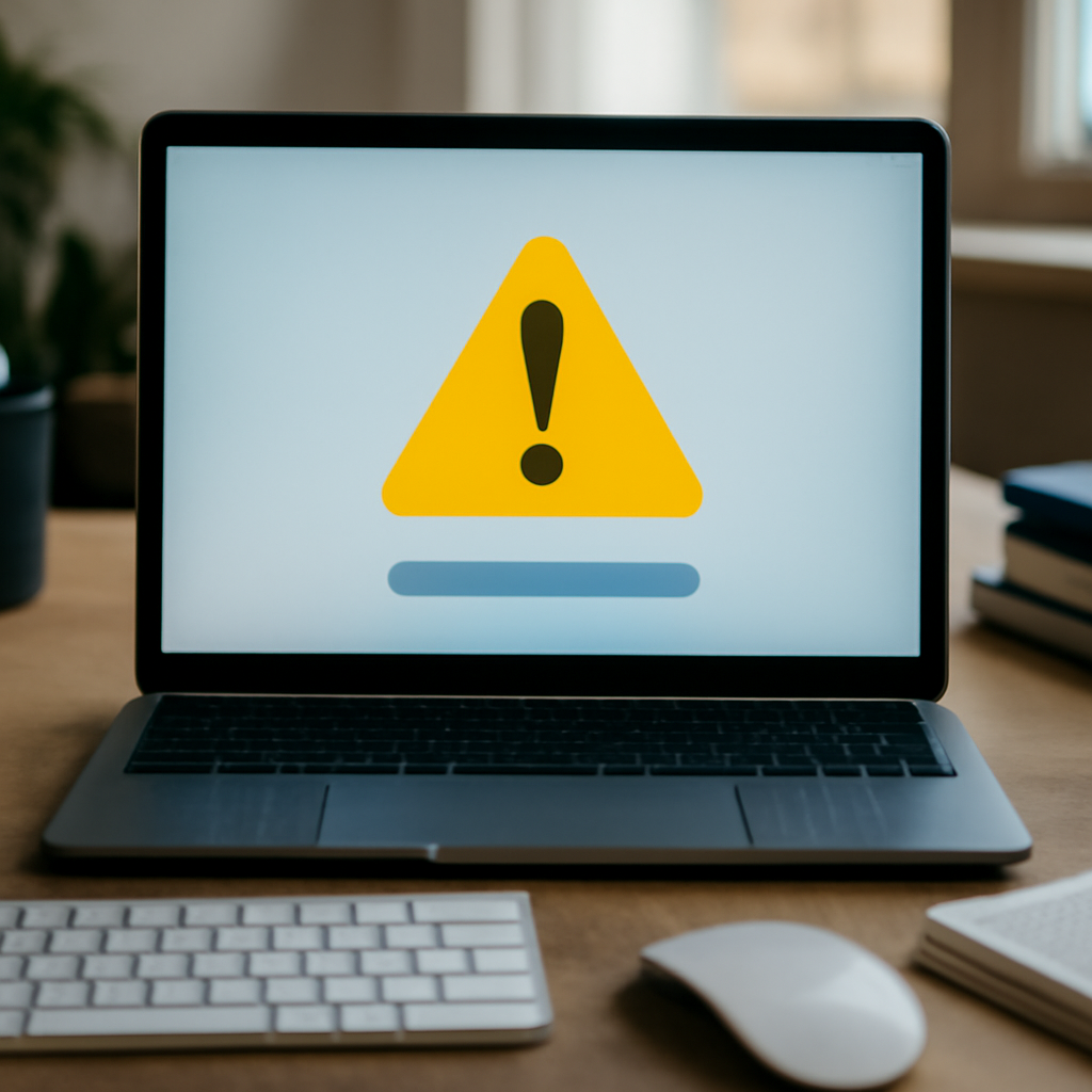 Laptop screen displays warning message amidst office workspace.