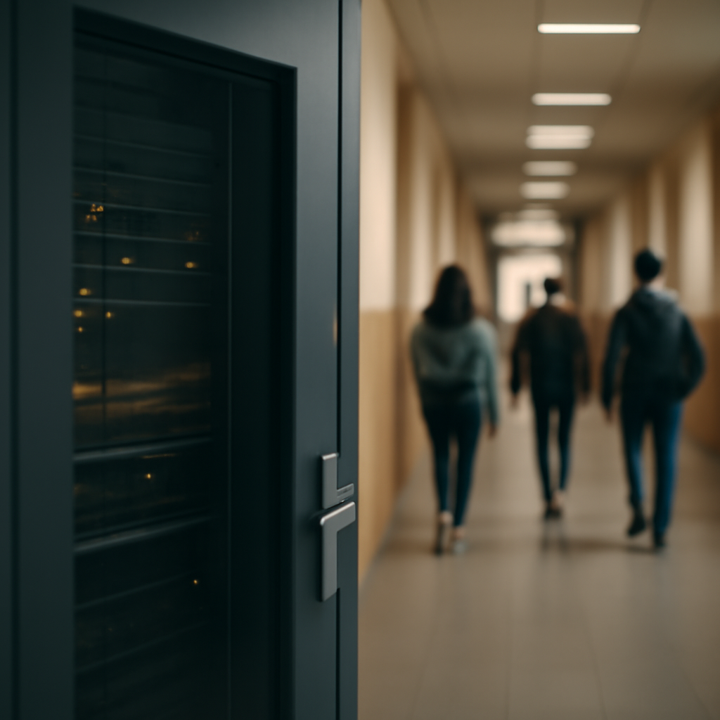 University corridor with people walking, blurred server room door in foreground.