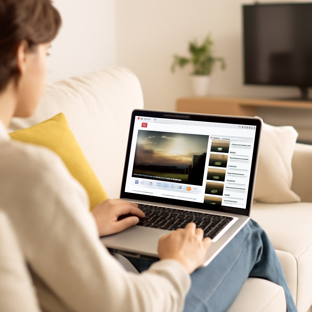Person watching YouTube video on laptop in cozy living room.