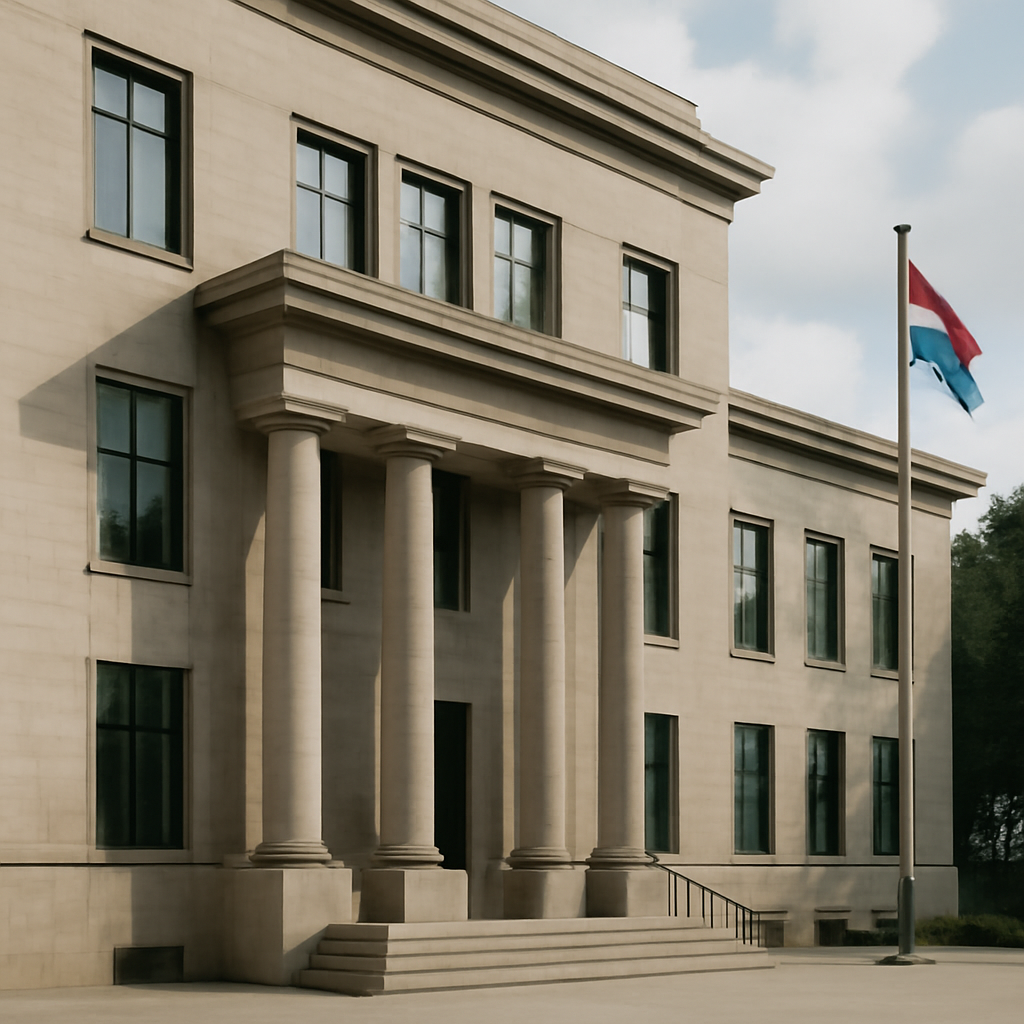 Courthouse exterior with stone facade, tall windows, and flags in daylight.