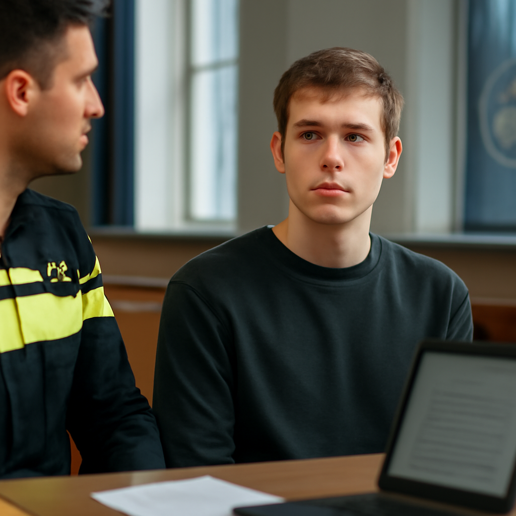 Dutch police officer stands near a young man in a formal, secure environment with a blurred police badge in the background.