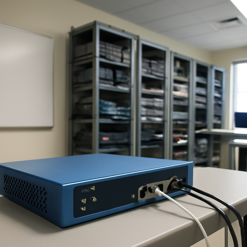 Network equipment racks with a prominent VPN device in a room with daylight from a window.