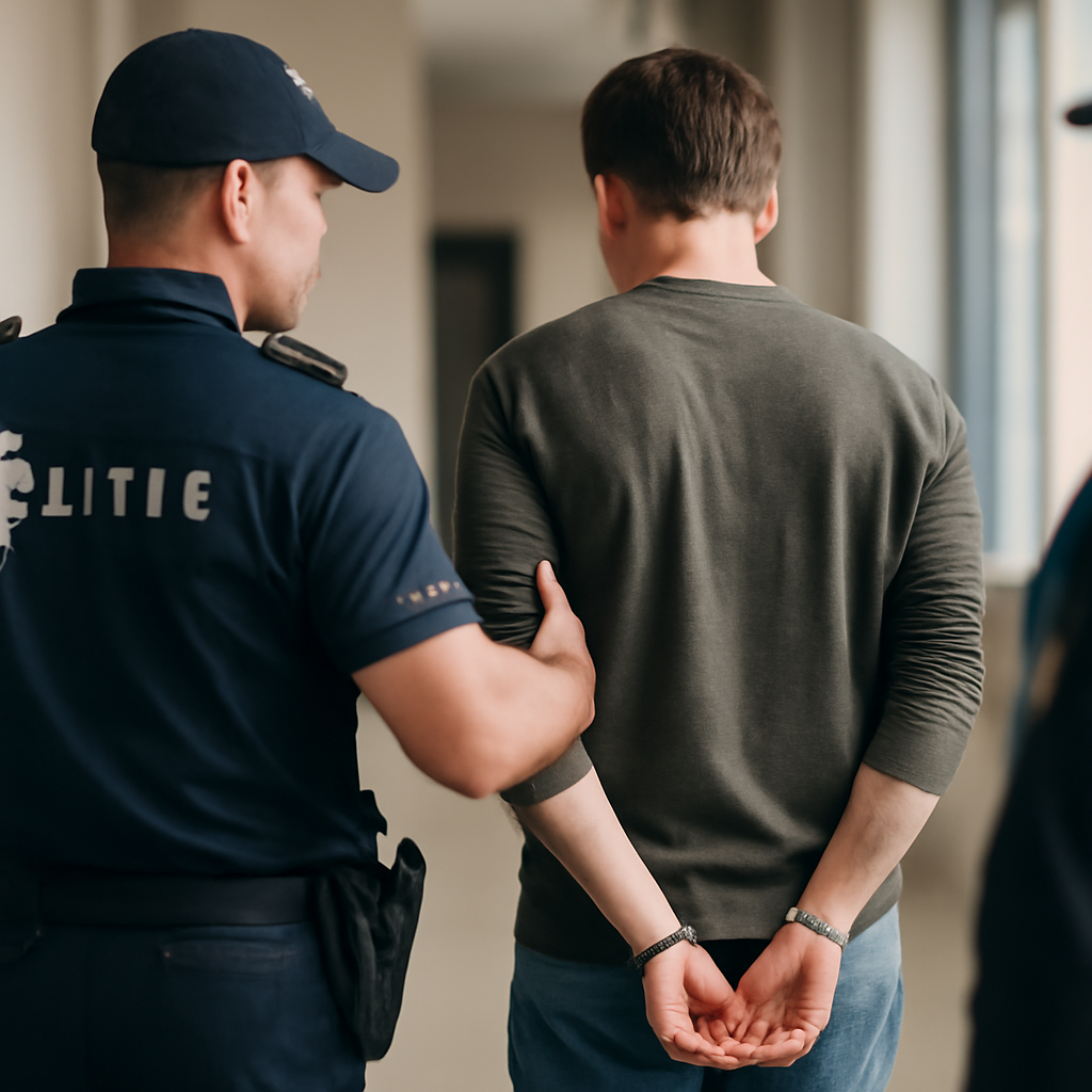 Dutch police officer stands near a young man and a laptop, in a daytime law enforcement setting.