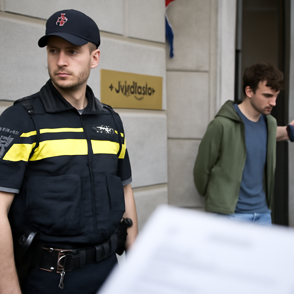 Dutch police officer stands near courthouse with detained 24-year-old man.