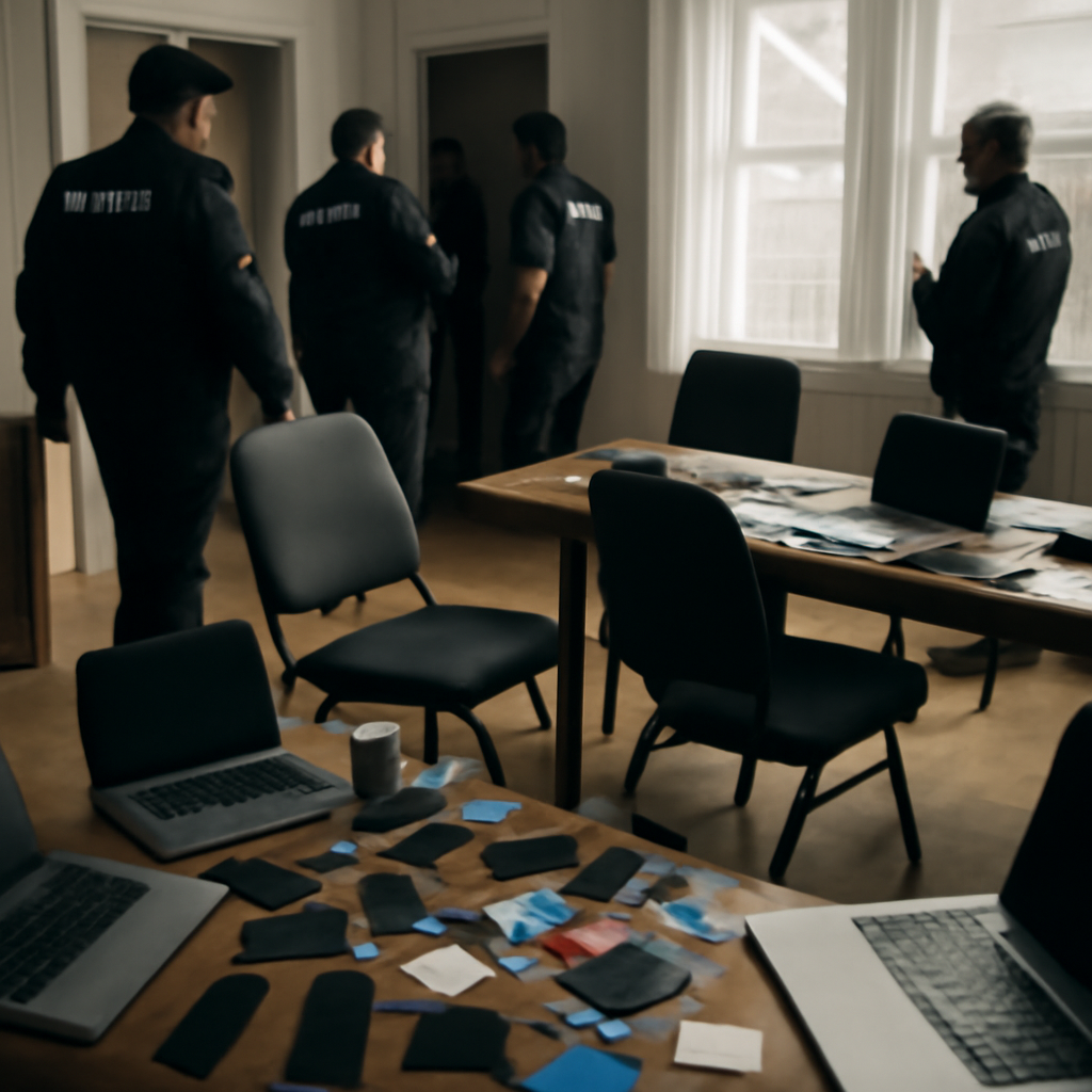Police officers raid a makeshift call centre, finding scattered laptops, phones, and bank cards amidst abandoned chairs.