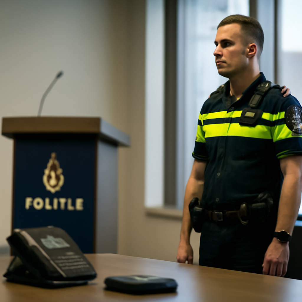 Dutch National Police officer stands in formal briefing room with agency emblem and cityscape in background.