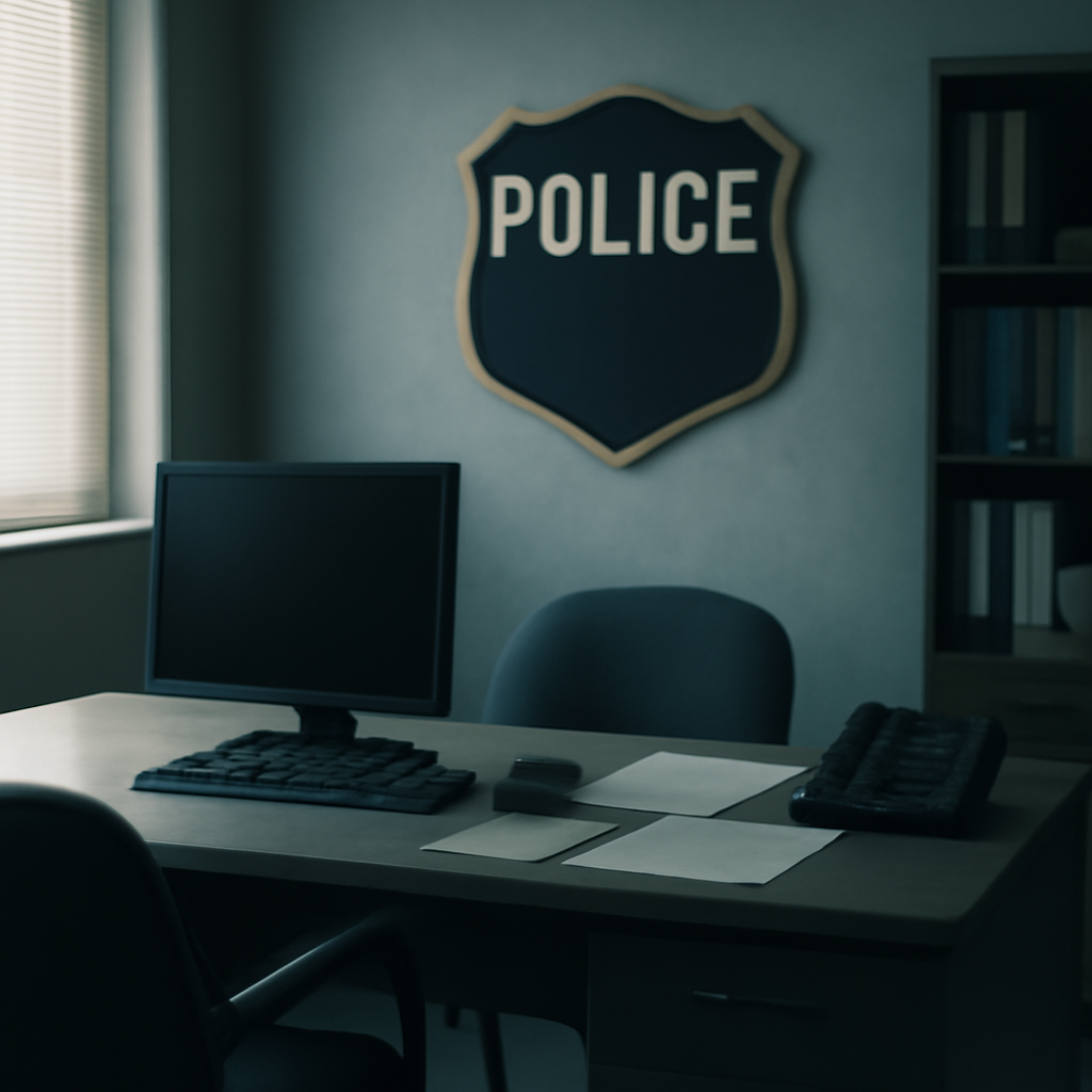 Police office interior with desk, computer, phone, and filing cabinet in soft daylight.