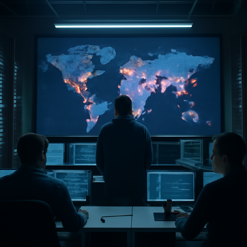 Technicians monitor a world map on a large screen in a network operations center, surrounded by rows of routers and servers.