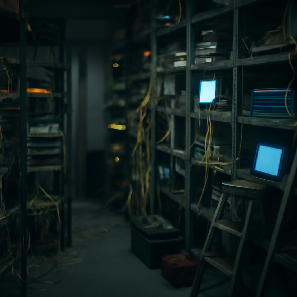 Dimly lit server room with rows of network equipment and industrial shelving.