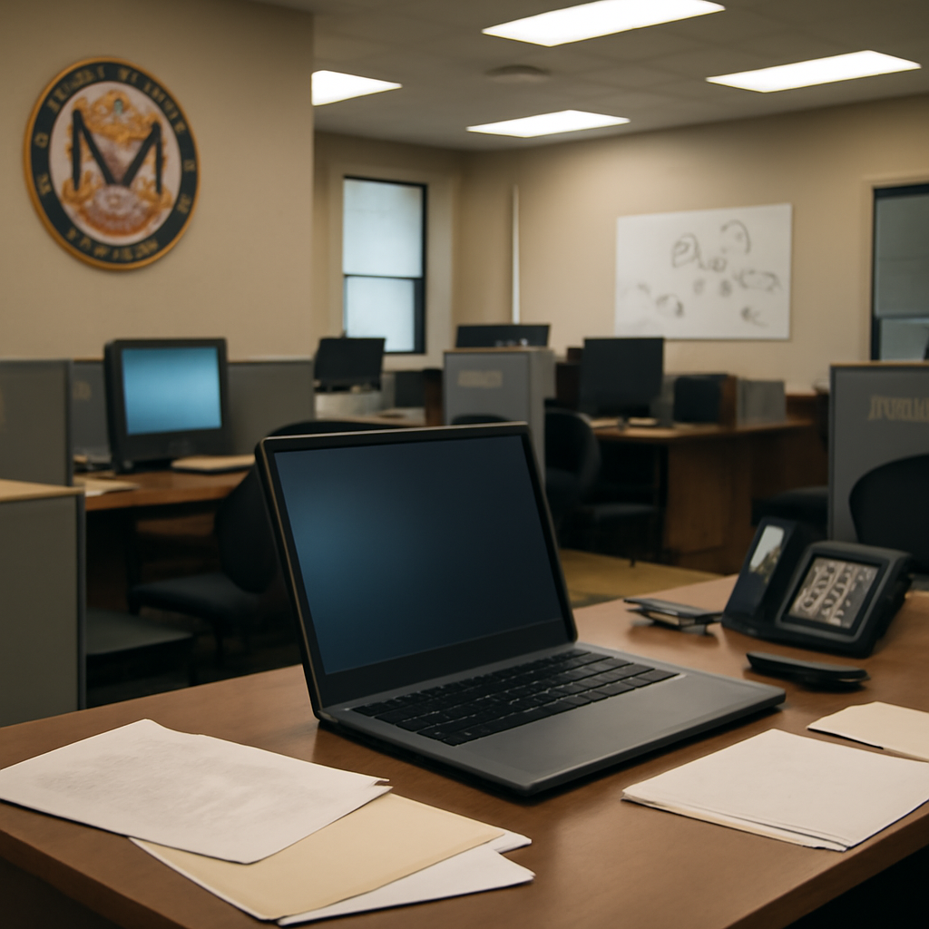 Government agency office interior with laptop, papers, and network diagram on wall.