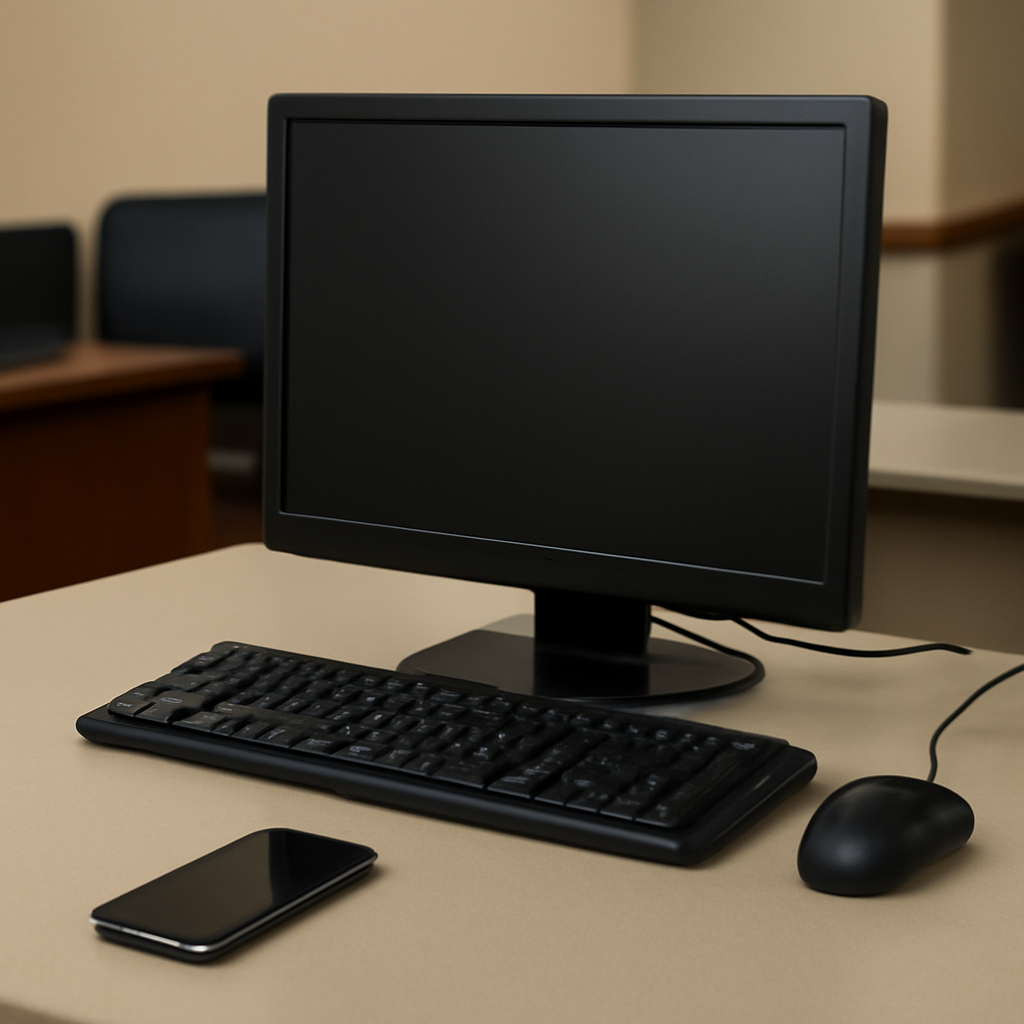 Desktop computer and smartphone on a plain surface in a government office setting with a blurred background.