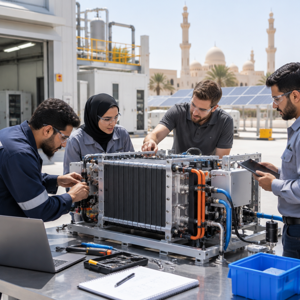 Technicians work on a fuel cell system at a modern industrial facility.