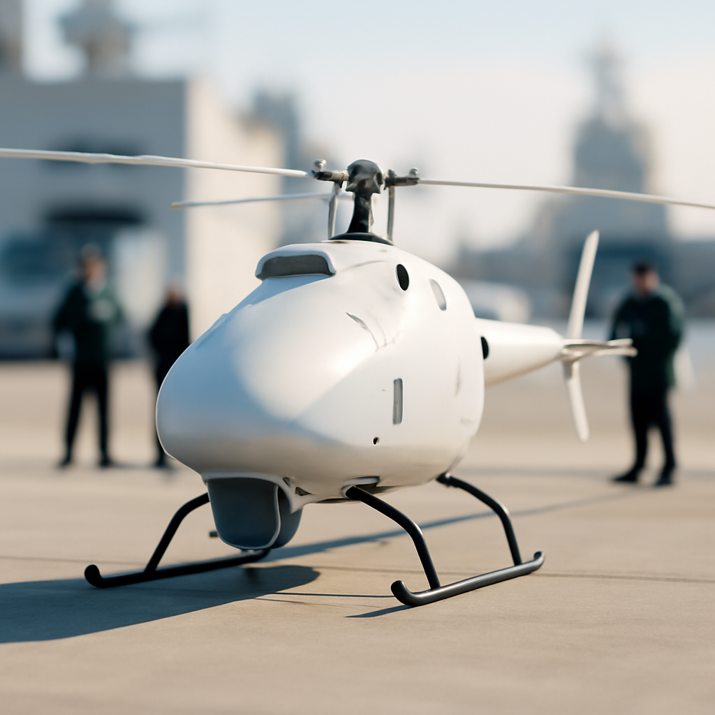 Unmanned helicopter sits on tarmac with naval personnel standing nearby.