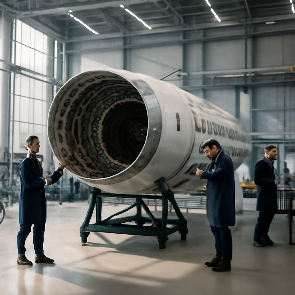 Engineers work around a large aircraft component in a brightly-lit aerospace facility.