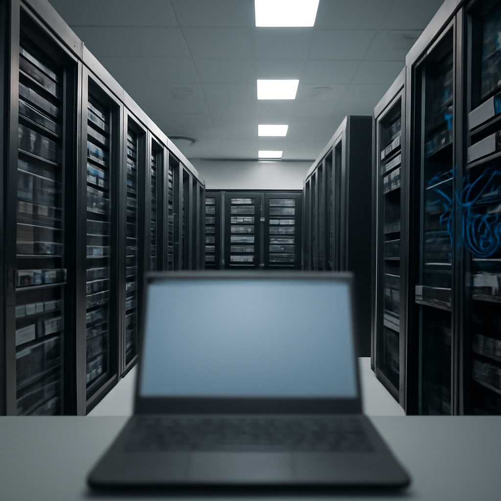 Rows of computer servers and networking equipment in a brightly lit server room, with a blurred laptop screen in the…