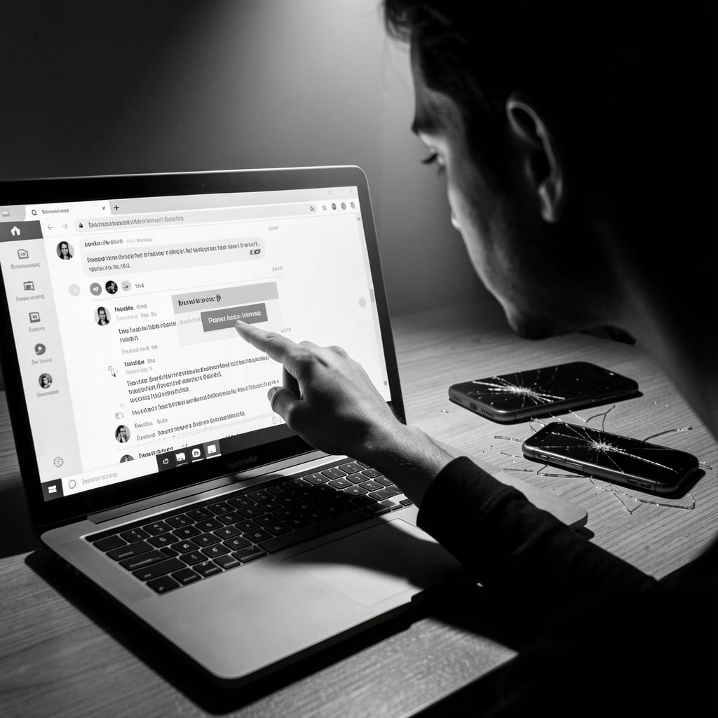 Person struggling to paste text into Microsoft Teams chat with greyed-out paste button and shattered smartphone in…