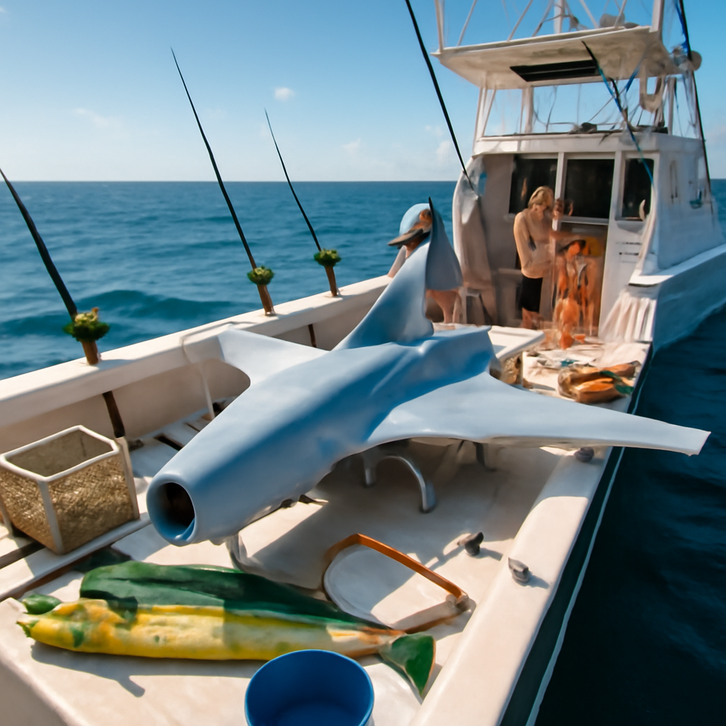 Fishing boat with recovered delta-wing drone and large mahi-mahi fish in calm seas off Florida coast.