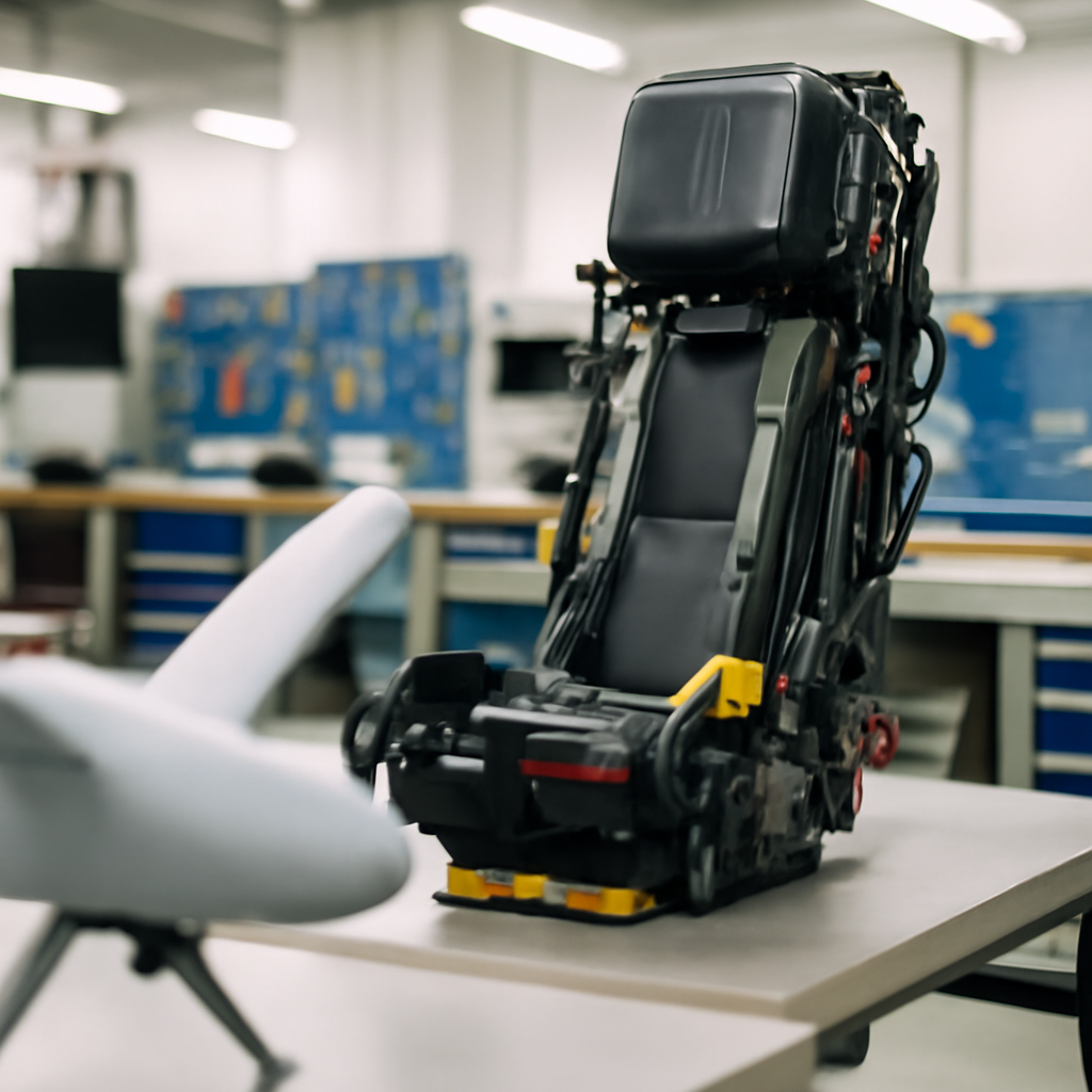 Martin-Baker ejection seat on a workbench with tools and equipment, with a blurred drone model in the foreground.
