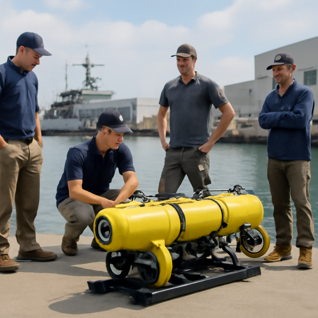 Naval personnel surround an autonomous underwater system on a dock, with support ships in the background.