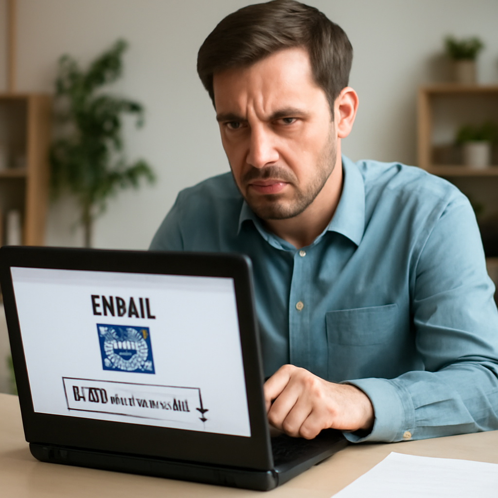 Concerned administrator in home office setting clicks on laptop link.