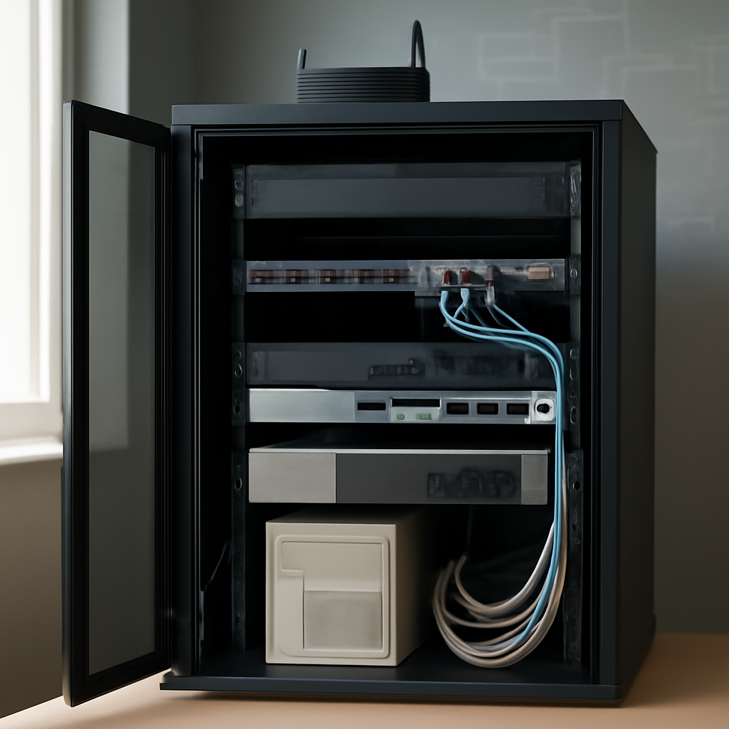 Server cabinet with exposed internal components in a small business server room.